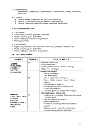 -2-
4.2. Procedimientos:
Procedimiento Observación, Experimentación, Generalización, Síntesis, Conclusión,
Producción
4.3. Técnicas:
1. Técnicas Motivacionales (Noticias, Recursos Informáticos)
2. Técnicas Construir Conocimientos (Debate, Interaprendizaje)
3. Técnicas Fijación de lo Aprendido (Mapa conceptual, Mapa mental)
V. RECURSOS DIDÁCTICOS
5.1. Del docente
• Computadora, parlantes, proyector multimedia.
• Libros, separatas, guías de práctica
• Internet, editores y software de programación
• Pizarra y plumones
5.2. Del estudiante
• Laptops, dispositivos de almacenamiento electrónico, grabadoras, cámaras, etc
• Libros, separatas, guías de práctica
• Internet, editores y software de programación.
VI. CONTENIDO TEMÁTICO
UNIDADES SEMANAS C O N T E N I D O S
I UNIDAD:
FUNDAMENTOS
TEÓRICOS DE
PROYECTOS
TECNOLÓGICOS
1ª. - Presentación del sílabo.
- Prueba de entrada.
- Diferencia entre Ciencia, Técnica y Tecnología
- El desarrollo tecnológico.
2ª.
- Proyecto tecnológico
- ¿Qué es un proyecto?
- Tipos de proyectos.
- ¿Qué es un proyecto tecnológico?
- Ciclo de vida del producto y ciclo de vida del
proyecto.
- Integrantes de un proyecto.
- Influencia de la estructura organizacional.
- La metodología PMBOK.
- Áreas de la gestión de proyectos tecnológicos.
II UNIDAD:
ETAPAS Y ÁREAS EN LA
GESTIÓN DE
PROYECTOS
TECNOLÓGICOS CON LA
METODOLOGÍA
PMBOK.
3ª.
- Etapa de Iniciación del proyecto.
- Estudio de las necesidades, deficiencias del mercado
y situación social.
- Ideas de proyectos tecnológicos.
- Población Beneficiaria.
- Pertinencia, relevancia y contextualización del
proyecto.
- Objetivo general y específico del proyecto.
- Innovación que sepretende desarrollar.
 