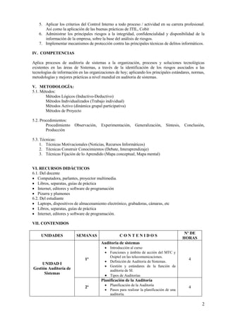 2
5. Aplicar los criterios del Control Interno a todo proceso / actividad en su carrera profesional.
Así como la aplicación de las buenas prácticas de ITIL, Cobit
6. Administrar los principales riesgos a la integridad, confidencialidad y disponibilidad de la
información de la empresa, sobre la base del análisis de riesgos.
7. Implementar mecanismos de protección contra las principales técnicas de delitos informáticos.
IV. COMPETENCIAS
Aplica procesos de auditoría de sistemas a la organización, procesos y soluciones tecnológicas
existentes en las áreas de Sistemas, a través de la identificación de los riesgos asociados a las
tecnologías de información en las organizaciones de hoy; aplicando los principales estándares, normas,
metodologías y mejores prácticas a nivel mundial en auditoria de sistemas.
V. METODOLOGÍA:
5.1. Métodos:
Métodos Lógicos (Inductivo-Deductivo)
Métodos Individualizados (Trabajo individual)
Métodos Activo (dinámica grupal participativa)
Métodos de Proyecto
5.2. Procedimientos:
Procedimiento Observación, Experimentación, Generalización, Síntesis, Conclusión,
Producción
5.3. Técnicas:
1. Técnicas Motivacionales (Noticias, Recursos Informáticos)
2. Técnicas Construir Conocimientos (Debate, Interaprendizaje)
3. Técnicas Fijación de lo Aprendido (Mapa conceptual, Mapa mental)
VI. RECURSOS DIDÁCTICOS
6.1. Del docente
• Computadora, parlantes, proyector multimedia.
• Libros, separatas, guías de práctica
• Internet, editores y software de programación
• Pizarra y plumones
6.2. Del estudiante
• Laptops, dispositivos de almacenamiento electrónico, grabadoras, cámaras, etc
• Libros, separatas, guías de práctica
• Internet, editores y software de programación.
VII. CONTENIDOS
UNIDADES SEMANAS C O N T E N I D O S
Nº DE
HORAS
UNIDAD I
Gestión Auditoría de
Sistemas
1ª
Auditoria de sistemas
• Introducción al curso
• Funciones y ámbito de acción del MTC y
Osiptel en las telecomunicaciones.
• Definición de Auditoria de Sistemas.
• Gestión y estándares de la función de
auditoria de SI.
• Tipos de Auditorías
4
2ª
Planificación de la Auditoría
• Planificación de la Auditoría
• Pasos para realizar la planificación de una
auditoría.
4
 
