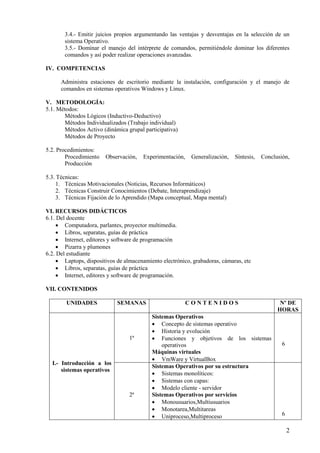 2
3.4.- Emitir juicios propios argumentando las ventajas y desventajas en la selección de un
sistema Operativo.
3.5.- Dominar el manejo del intérprete de comandos, permitiéndole dominar los diferentes
comandos y así poder realizar operaciones avanzadas.
IV. COMPETENCIAS
Administra estaciones de escritorio mediante la instalación, configuración y el manejo de
comandos en sistemas operativos Windows y Linux.
V. METODOLOGÍA:
5.1. Métodos:
Métodos Lógicos (Inductivo-Deductivo)
Métodos Individualizados (Trabajo individual)
Métodos Activo (dinámica grupal participativa)
Métodos de Proyecto
5.2. Procedimientos:
Procedimiento Observación, Experimentación, Generalización, Síntesis, Conclusión,
Producción
5.3. Técnicas:
1. Técnicas Motivacionales (Noticias, Recursos Informáticos)
2. Técnicas Construir Conocimientos (Debate, Interaprendizaje)
3. Técnicas Fijación de lo Aprendido (Mapa conceptual, Mapa mental)
VI. RECURSOS DIDÁCTICOS
6.1. Del docente
• Computadora, parlantes, proyector multimedia.
• Libros, separatas, guías de práctica
• Internet, editores y software de programación
• Pizarra y plumones
6.2. Del estudiante
• Laptops, dispositivos de almacenamiento electrónico, grabadoras, cámaras, etc
• Libros, separatas, guías de práctica
• Internet, editores y software de programación.
VII. CONTENIDOS
UNIDADES SEMANAS C O N T E N I D O S Nº DE
HORAS
I.- Introducción a los
sistemas operativos
1ª
Sistemas Operativos
• Concepto de sistemas operativo
• Historia y evolución
• Funciones y objetivos de los sistemas
operativos
Máquinas virtuales
• VmWare y VirtualBox
6
2ª
Sistemas Operativos por su estructura
• Sistemas monolíticos:
• Sistemas con capas:
• Modelo cliente - servidor
Sistemas Operativos por servicios
• Monousuarios,Multiusuarios
• Monotarea,Multitareas
• Uniproceso,Multiproceso 6
 