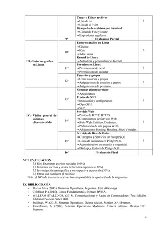 4
Crear y Editar archivos
• Uso de cat
• Uso de vi / vim
Búsqueda de archivos por terminal
• Comando Find y locate
• Expresiones regulares
6
9ª Evaluación Parcial
III.- Entorno grafico
en Linux
10ª
Entorno gráfico en Linux
• Gnome
• Kde
• Xfce, otros
Kernel de Linux
• Actualizar y personalizar el Kernel
6
11ª
Permisos en Linux
• Permisos modo octal
• Permisos modo carácter
6
12ª
Usuarios y grupos
• Crear usuarios y grupos
• Asignaciones de usuarios a grupos
• Asignaciones de permisos
6
IV.- Visión general de
sistemas
cliente/servidor
13ª
Sistemas cliente/servidor
• Arquitectura
Protocolo SSH
• Instalación y configuración
• OpenSSH
• SCP
6
14ª
Servicio Web
• Protocolo HTTP, HTTPS.
• Componentes de Servicio Web.
• Sitio Web: Estático, Dinámico.
• Publicación de una página WEB.
• Alojamiento: Hosting, Housing. Sites Virtuales.
6
15ª
Servicio de Base de Datos
• Conceptos y Servicios de PostgreSQL
• Línea de comandos en PostgreSQL
• Administración de usuarios y seguridad
• Backup y Restore de PostgreSQL
6
16ª Evaluación Final
VIII. EVALUACION
7.1 Dos Exámenes escritos parciales (40%)
7.2 Informes escritos y orales de lecturas especiales (30%)
7.3 Investigación monográfica y su respectiva exposición (30%)
7.4 Otras que considere el profesor.
Nota: el 30% de inasistencia a las clases imposibilita la aprobación de la asignatura.
IX. BIBLIOGRAFÍA
- Martín Silva (2015). Sistemas Operativos, Argentina, Edit. Alfaomega
- Cobbaut P. (2015). Linux Fundamentals. Netsec BVBA.
- WILLIAM STALLINGS, (2014). Comunicaciones y Redes de Computadores. 7ma Edición.
Editorial Pearson Prince Hall.
- Stallings, W. (2013). Sistemas Operativos. Quinta edición. México D.F.: Pearson.
- Tanenbaum, A. (2009). Sistemas Operativos Modernos. Tercera edición. México D.F.:
Pearson.
 