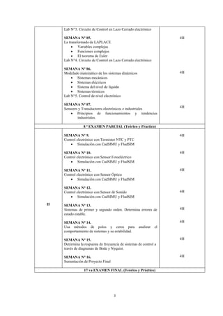 3
Lab N°3. Circuito de Control en Lazo Cerrado electrónico
SEMANA N° 05.
La transformada de LAPLACE
• Variables complejas
• Funciones complejas
• El teorema de Euler
Lab N°4. Circuito de Control en Lazo Cerrado electrónico
SEMANA N° 06.
Modelado matemático de los sistemas dinámicos
• Sistemas mecánicos
• Sistemas eléctricos
• Sistema del nivel de líquido
• Sistemas térmicos
Lab N°5. Control de nivel electrónico
SEMANA N° 07.
Sensores y Transductores electrónicos e industriales
• Principios de funcionamientos y tendencias
industriales.
4H
4H
4H
8 a
EXAMEN PARCIAL (Teórico y Practico)
II
SEMANA N° 9.
Control electrónico con Termistor NTC y PTC
• Simulación con CadSIMU y FludSIM
SEMANA N° 10.
Control electrónico con Sensor Fotoeléctrico
• Simulación con CadSIMU y FludSIM
SEMANA N° 11.
Control electrónico con Sensor Óptico
• Simulación con CadSIMU y FludSIM
SEMANA N° 12.
Control electrónico con Sensor de Sonido
• Simulación con CadSIMU y FludSIM
SEMANA N° 13.
Sistemas de primer y segundo orden. Determina errores de
estado estable.
SEMANA N° 14.
Usa métodos de polos y ceros para analizar el
comportamiento de sistemas y su estabilidad.
SEMANA N° 15.
Determina la respuesta de frecuencia de sistemas de control a
través de diagramas de Bode y Nyquist.
SEMANA N° 16.
Sustentación de Proyecto Final
4H
4H
4H
4H
4H
4H
4H
4H
17 va EXAMEN FINAL (Teórico y Práctico)
 