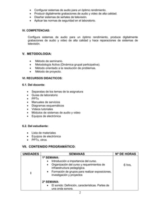 2
• Configurar sistemas de audio para un óptimo rendimiento.
• Producir digitalmente grabaciones de audio y video de alta calidad.
• Diseñar sistemas de señales de televisión.
• Aplicar las normas de seguridad en el laboratorio.
IV. COMPETENCIAS:
Configura sistemas de audio para un óptimo rendimiento, produce digitalmente
grabaciones de audio y video de alta calidad y hace reparaciones de sistemas de
televisión.
V. METODOLOGIA:
• Método de seminario.
• Metodología Activa (Dinámica grupal participativa).
• Método orientado a la resolución de problemas.
• Método de proyecto.
VI. RECURSOS DIDACTICOS:
6.1. Del docente:
• Separatas de los temas de la asignatura
• Guías de laboratorio
• PPTs
• Manuales de servicios
• Diagramas esquemáticos
• Videos tutoriales
• Módulos de sistemas de audio y video
• Equipos de electrónica
6.2. Del estudiante:
• Lista de materiales
• Equipos de electrónica
• PPTs, otros
VII. CONTENIDO PROGRAMÁTICO:
UNIDADES SEMANAS Nº DE HORAS
I
1ª SEMANA:
• Introducción e importancia del curso.
• Organización del curso y requerimientos de
infraestructura pedagógica.
• Formación de grupos para realizar exposiciones,
investigación y proyectos
2ª SEMANA:
• El sonido: Definición, características. Partes de
una onda sonora.
6 hrs.
 