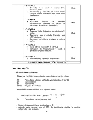 4
12ª SEMANA:
• Elemento de la señal en colores: brillo,
saturación, matiz.
• Transmisión y recepción en banda lateral
vestigial. Normas de radio difusión para la señal
de televisión.
13ª SEMANA:
• Principales sistemas de televisión.
Características generales del centro de
transmisión. El transmisor de televisión.
14ª SEMANA:
• Televisión digital. Estándares para la televisión
digital.
• Estándares para el estudio. Formatos para
VTR´s digitales.
• Conversión del sistema analógico al sistema
digital.
15ª SEMANA:
• Video sobre la Internet (TV-IP e IP-TV)
• Verificación de funcionamiento y puesta a
prueba del proyecto del curso.
16ª SEMANA:
• Presentación y exposición de proyecto.
6 hrs.
6 hrs.
6 hrs.
6 hrs.
6 hrs.
17ª SEMANA: EXAMEN FINAL TEÓRICO- PRÁCTICO
VIII. EVALUACIÓN:
8.1. Criterios de evaluación:
El logro de los objetivos se evaluará a través de los siguientes rubros:
PP : Promedio de prácticas calificadas y de laboratorio (8 de 10)
EP : examen parcial
EF : examen final
PROY : Proyecto desarrollado.
El promedio final se calculara de la siguiente forma:
PE : Promedio de examen parcial y final.
• Nota mínima aprobatoria de la asignatura es 11
• Además, cabe recordar que el 30% de inasistencia significa la pérdida
del derecho a ser evaluado.
PROMEDIO FINAL DEL CURSO = PP + PE + PROY
3
 