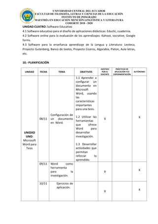 UNIVERSIDAD CENTRAL DEL ECUADOR
FACULTAD DE FILOSOFÍA, LETRAS Y CIENCIAS DE LA EDUCACIÓN
INSTITUTO DE POSGRADO
MAESTRÍA EN EDUCACIÓN MENCIÓN LINGÜÍSTICA Y LITERATURA
COHORTE 2018 - 2020
UNIDAD CUATRO: Software Educativo
4.1 Software educativo para el diseño de aplicaciones didácticas: Educlic, cuadernia.
4.2 Software online para la evaluación de los aprendizajes: Kahoot, socrative, Google
forms.
4.3 Software para la enseñanza aprendizaje de la Lengua y Literatura: Leoteca,
Proyecto Gutenberg, Banco de textos, Proyecto Cíceros, Algarabía, Pixton, Aula letras,
etc.
10.- PLANIFICACIÓN
UNIDAD FECHA TEMA OBJETIVOS
ASISTIDO
POR EL
DOCENTE
PRÁCTICAS DE
APLICACIÓN Y/O
EXPERIMENTACIÓN
AUTÓNOMO
UNIDAD
UNO:
Microsoft
Word para
Tesis
08/11
Configuración de
un documento
en Word.
1.1 Aprender a
configurar un
documento en
Microsoft
Word, usando
las
características
importantes
para una tesis.
1.2 Utilizar las
herramientas
que ofrece
Word para
desarrollar
investigación.
1.3 Desarrollar
actividades que
permitan
reforzar lo
aprendido.
X
X
09/11 Word como
herramienta
para la
investigación.
X
X
10/11 Ejercicios de
aplicación.
X
X
 