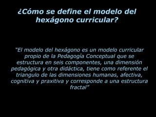 ¿Cómo se define el modelo del
      hexágono curricular?



 “El modelo del hexágono es un modelo curricular
      propio de la Pedagogía Conceptual que se
  estructura en seis componentes, una dimensión
pedagógica y otra didáctica, tiene como referente el
  triangulo de las dimensiones humanas, afectiva,
cognitiva y praxitiva y corresponde a una estructura
                        fractal”
 