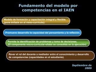 Fundamento del modelo por
             competencias en el IAEN

Modelo de formación y capacitación integral y flexible.
(pone énfasis en el meso-currículo):



 Promueve desarrollo la capacidad del pensamiento y la reflexión.


   Permite la identificación de problemas y toma de decisiones.
   (El componente micro-curricular-sílabo se consolida en la ejecución)



    Rever el rol del docente a mediador entre el conocimiento y desarrollo
    de competencias (capacidades en el estudiante).


                                                           Septiembre de
                                                                   2009
 