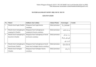 Silabus Mingguan Kaligrafi 1434 H / 2013 M UKMFU Jam’iyyah Hamalah al-Qur’an (JHQ)
                                                                             Oleh Muhammad Akmaluddin (muhammadakmaluddin@gmail.com)



                                                MATERI KALIGRAFI UKMFU JHQ 1343 H / 2013 M

                                                                KHATH NASKHI




No. Materi                          Indikator dan Latihan                     Alokasi Waktu      Keterangan      Contoh
1.   Menulis huruf tegak (Naskhi)   Menguasai huruf tegak beserta             Sekali pertemuan   ‫اطظكلﻻ‬
                                    contohnya
2.   Menulis huruf melengkung ke Menguasai huruf melengkung ke                Sekali pertemuan     ‫بتثف‬
     samping kiri (Naskhi)          samping kiri beserta contohnya
3.   Menulis huruf melengkung ke Menguasai huruf melengkung ke bawah          Sekali pertemuan      ‫رزسش‬
     bawah kiri (Naskhi)            kiri beserta contohnya
                                                                                                 ‫صض قك‬
                                                                                                     ‫لنوي‬
4.   Menulis huruf melengkung ke Menguasai huruf melengkung ke bawah          Sekali pertemuan     ‫جحخعغ‬
     bawah kanan (Naskhi)           kanan huruf melingkar beserta contohnya
5.   Menulis huruf melingkar        Menguasai huruf melingkar beserta         Sekali pertemuan        ‫د ذ م ھـ‬
     (Naskhi)                       contohnya
 