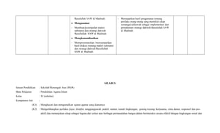 Rasulullah SAW di Madinah.
• Mengasosiasi
- Membuat kesimpulan materi
substansi dan strategi dakwah
Rasullullah SAW di Madinah.
• Mengkomunikasikan
- Mempresentasikan /menyampaikan
hasil diskusi tentang materi substansi
dan strategi dakwah Rasullullah
SAW di Madinah.
- Memaparkan hasil pengamatan tentang
perilaku orang-orang yang memiliki sikap
semangat ukhuwah sebagai implementasi dari
pemahaman strategi dakwah Rasulullah SAW
di Madinah.
SILABUS
Satuan Pendidikan : Sekolah Menengah Atas (SMA)
Mata Pelajaran : Pendidikan Agama Islam
Kelas : XI (sebelas)
Kompetensi Inti :
(K1) : Menghayati dan mengamalkan ajaran agama yang dianutnya
(K2) : Mengembangkan perilaku (jujur, disiplin, tanggungjawab, peduli, santun, ramah lingkungan, gotong royong, kerjasama, cinta damai, responsif dan pro-
aktif) dan menunjukan sikap sebagai bagian dari solusi atas berbagai permasalahan bangsa dalam berinteraksi secara efektif dengan lingkungan sosial dan
 