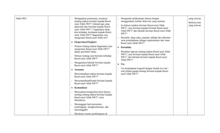 Allah SWT. - Mengajukan pertanyaan, misalnya
tentang makna beriman kepada Rasul-
rasul Allah SWT?, hikmah apa yang
diperoleh dari beriman kepada Rasul-
rasul Allah SWT ?, bagaimana sikap
kita terhadap keimanan kepada Rasul-
rasul Allah SWT? Bagaimana cara
mengimani Rasul-rasul Allah swt?
• Eksperimen/Eksplore
- Diskusi tentang makna bagaimana cara
mengimani Rasul-rasul Allah SWT?
dalam persfektif Islam,
- Diskusi tentang cara beriman terhadap
Rasul-rasul Allah SWT?
- Menganalisa hikmah beriman kepada
Rasul-rasul Allah SWT?
• Assosiasi
- Menyimpulkan makna beriman kepada
Rasul-rasul Allah SWT?
- Menyimpulkanhikmah beriman kepada
Rasul-rasul Allah SWT?
• Komunikasi
- Menyajikan/melaporkan hasil diskusi
tentang tentang makna beriman kepada
Rasul-rasul Allah SWT?, serta
hikmahnya.
- Menanggapi hasil presentasi
(melengkapi, mengkonformasi, dan
menyanggah).
- Membuat resume pembelajaran di
- Mengamati pelaksanaan diskusi dengan
menggunakan lembar observasi yang memuat:
- Isi diskusi (makna beriman Rasul-rasul Allah
SWT?, cara beriman kepada beriman Rasul-rasul
Allah SWT? dan hikmah beriman Rasul-rasul Allah
SWT?
- Memiliki sikap sidiq, amanah, tabligh dan fathonah
serta ketauladanan sebagai implementasi dari iman
Rasul-rasul Allah SWT?
• Portofolio
- Membuat laporan tentang makna Rasul-rasul Allah
SWT?, cara beriman kepada Rasul-rasul Allah
SWT?, dan hikmah beriman kepada Rasul-rasul
Allah SWT?
• Tes
- Tes kemampuan kognitif dengan bentuk tes soal –
soal pilihan ganda tentang beriman kepada Rasul-
rasul Allah SWT?
yang relevan
Refrensi lain
yang relevan
 