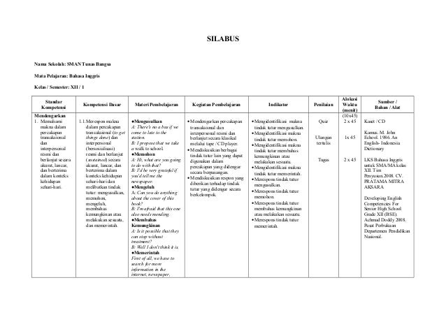 Silabus bahasa inggris kelas XII semester ganjil