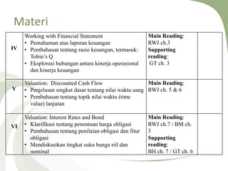 Materi
IV
Working with Financial Statement
• Pemahaman atas laporan keuangan
• Pembahasan tentang rasio keuangan, termasuk:
Tobin’s Q
• Eksplorasi hubungan antara kinerja operasional
dan kinerja keuangan
Main Reading:
RWJ ch.3
Supporting
reading:
GT ch. 3
V
Valuation: Discounted Cash Flow
• Penjelasan singkat dasar tentang nilai waktu uang
• Pembahasan tentang topik nilai waktu (time
value) lanjutan
Main Reading:
RWJ ch. 5 & 6
VI
Valuation: Interest Rates and Bond
• Klarifikasi tentang penentuan harga obligasi
• Pembahasan tentang penilaian obligasi dan fitur
obligasi
• Mendiskusikan tingkat suku bunga riil dan
nominal
Main Reading:
RWJ ch.7 / BM ch.
3
Supporting
reading:
BH ch. 7 / GT ch. 6
 