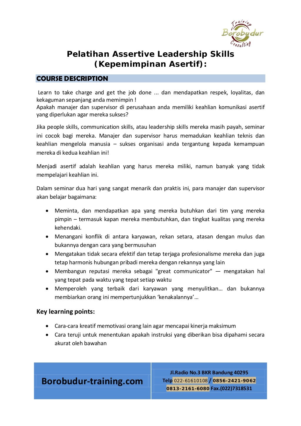 Silabus Pelatihan/Training &quot;ASSERTIVE LEADERSHIP SKILL&quot;