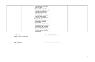 memperagakan bersuci dari
najis dan hadas.
3. Peserta didik menemukan
hubungan tentang hadas kecil
dan tata cara taharahnya,
hadas besar dan tata cara
taharahnya, dan
memperagakan bersuci dari
najis dan hadas dengan
pertanyaan konsep 5W + 1H.
Mengomunikasikan
1. Peserta didik menuliskan
laporan kerja kelompok.
2. Peserta didik
mempresentasikan hasil kerja
kelompok di depan kelas dan
peserta didik dari kelompok
lain memberikan tanggapan.
3. Guru memberikan penegasan
terhadap hasil pembelajaran
peserta didik.
Mengetahui, Guru Kelas/Mata Pelajaran
Kepala MTs. SUNAN MURIA
ABU ZAIRI, S.Pd ……………………………………….
8
 
