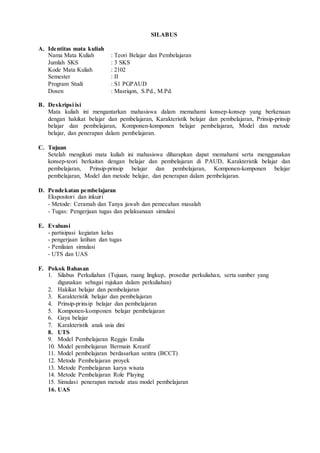 SILABUS
A. Identitas mata kuliah
Nama Mata Kuliah : Teori Belajar dan Pembelajaran
Jumlah SKS : 3 SKS
Kode Mata Kuliah : 2102
Semester : II
Program Studi : S1 PGPAUD
Dosen : Masriqon, S.Pd., M.Pd.
B. Deskripsi isi
Mata kuliah ini mengantarkan mahasiswa dalam memahami konsep-konsep yang berkenaan
dengan hakikat belajar dan pembelajaran, Karakteristik belajar dan pembelajaran, Prinsip-prinsip
belajar dan pembelajaran, Komponen-komponen belajar pembelajaran, Model dan metode
belajar, dan penerapan dalam pembelajaran.
C. Tujuan
Setelah mengikuti mata kuliah ini mahasiswa diharapkan dapat memahami serta menggunakan
konsep-teori berkaitan dengan belajar dan pembelajaran di PAUD, Karakteristik belajar dan
pembelajaran, Prinsip-prinsip belajar dan pembelajaran, Komponen-komponen belajar
pembelajaran, Model dan metode belajar, dan penerapan dalam pembelajaran.
D. Pendekatan pembelajaran
Ekspositori dan inkuiri
- Metode: Ceramah dan Tanya jawab dan pemecahan masalah
- Tugas: Pengerjaan tugas dan pelaksanaan simulasi
E. Evaluasi
- partisipasi kegiatan kelas
- pengerjaan latihan dan tugas
- Penilaian simulasi
- UTS dan UAS
F. Pokok Bahasan
1. Silabus Perkuliahan (Tujuan, ruang lingkup, prosedur perkuliahan, serta sumber yang
digunakan sebagai rujukan dalam perkuliahan)
2. Hakikat belajar dan pembelajaran
3. Karakteristik belajar dan pembelajaran
4. Prinsip-prinsip belajar dan pembelajaran
5. Komponen-komponen belajar pembelajaran
6. Gaya belajar
7. Karakteristik anak usia dini
8. UTS
9. Model Pembelajaran Reggio Emilia
10. Model pembelajaran Bermain Kreatif
11. Model pembelajaran berdasarkan sentra (BCCT)
12. Metode Pembelajaran proyek
13. Metode Pembelajaran karya wisata
14. Metode Pembelajaran Role Playing
15. Simulasi penerapan metode atau model pembelajaran
16. UAS
 