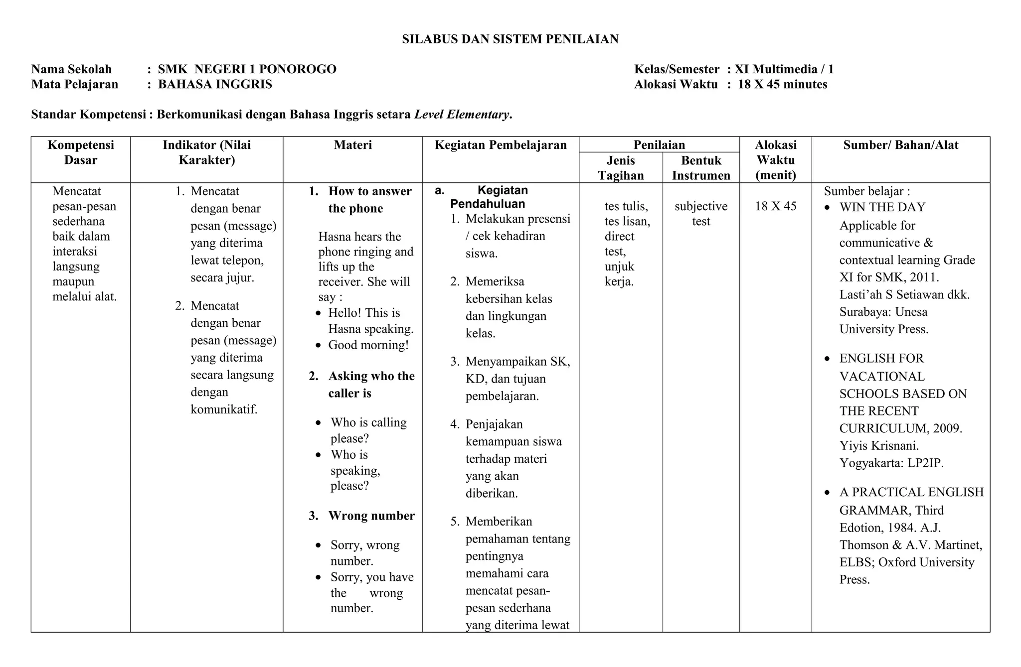 Silabus dan sistem penilaian | DOC