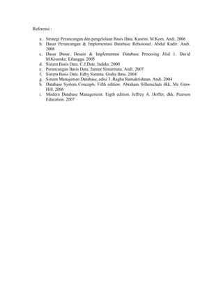 Referensi :

   a. Strategi Perancangan dan pengelolaan Basis Data. Kusrini. M.Kom. Andi. 2006
   b. Dasar Perancangan & Implementasi Database Relasional. Abdul Kadir. Andi.
      2008
   c. Dasar Dasar, Desain & Implementasi Database Procesing Jilid 1. David
      M.Kroenke. Erlangga. 2005
   d. Sistem Basis Data. C.J.Date. Indeks. 2000
   e. Perancangan Basis Data. Janner Simarmata. Andi. 2007
   f. Sistem Basis Data. Edhy Sutanta. Graha Ilmu. 2004
   g. Sistem Manajemen Database, edisi 3. Raghu Ramakrishnan. Andi. 2004
   h. Database System Concepts. Fifth edition. Abraham Silberschats dkk. Mc Graw
      Hill. 2006
   i. Modern Database Management. Eigth edition. Jeffrey A. Hoffer, dkk. Pearson
      Education. 2007
 