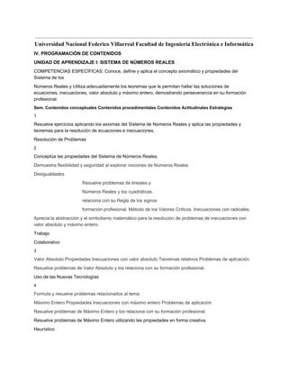  
Universidad Nacional Federico Villarreal Facultad de Ingeniería Electrónica e Informática 
IV. PROGRAMACIÓN DE CONTENIDOS 
UNIDAD DE APRENDIZAJE I: SISTEMA DE NÚMEROS REALES 
COMPETENCIAS ESPECÍFICAS: Conoce, define y aplica el concepto axiomático y propiedades del 
Sistema de los 
Números Reales y Utiliza adecuadamente los teoremas que le permitan hallar las soluciones de 
ecuaciones, inecuaciones, valor absoluto y máximo entero, demostrando perseverancia en su formación 
profesional. 
Sem. Contenidos conceptuales Contenidos procedimentales Contenidos Actitudinales Estrategias 
1 
Resuelve ejercicios aplicando los axiomas del Sistema de Números Reales y aplica las propiedades y 
teoremas para la resolución de ecuaciones e inecuaciones. 
Resolución de Problemas 
2 
Conceptúa las propiedades del Sistema de Números Reales. 
Demuestra flexibilidad y seguridad al explorar nociones de Números Reales 
Desigualdades 
Resuelve problemas de lineales y 
Números Reales y los cuadráticas. 
relaciona con su Regla de los signos 
formación profesional. Método de los Valores Críticos. Inecuaciones con radicales. 
Aprecia la abstracción y el simbolismo matemático para la resolución de problemas de inecuaciones con 
valor absoluto y máximo entero. 
Trabajo 
Colaborativo 
3 
Valor Absoluto Propiedades Inecuaciones con valor absoluto Teoremas relativos Problemas de aplicación. 
Resuelve problemas de Valor Absoluto y los relaciona con su formación profesional. 
Uso de las Nuevas Tecnologías 
4 
Formula y resuelve problemas relacionados al tema. 
Máximo Entero Propiedades Inecuaciones con máximo entero Problemas de aplicación 
Resuelve problemas de Máximo Entero y los relaciona con su formación profesional. 
Resuelve problemas de Máximo Entero utilizando las propiedades en forma creativa. 
Heurístico 
 