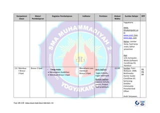 Page 18 of 21 Silabus Desain Grafis Kelas X SMA Muh. 2 YK
Kompetensi
Dasar
Materi
Pembelajaran
Kegiatan Pembelajaran Indikator Penilaian Alokasi
Waktu
Sumber Belajar RPP
Yogyakarta
www.
Ilmukomputer.co
m
www.corel. Com
www.aiga. com
Bahan: Lembar
Kerja, hasil kerja
siswa, bahan
presentasi
Alat
LCD, komputer,
Modul,Software
CorelDraw X3,
Handout
:
2.6 Membua
t Brosur
3 lipat
Brosur 3 lipat
- Tatap muka
• Menyiapkan Guidelines
• Membuat Brosur 3 lipat
Memahami cara
membuat
Brosur 3 lipat
Jenis tagihan
tugas individu,
tugas kelompok
:
Bentuk tagihan
Laporan tertulis,
uraian, Project
hasil praktikum.
:
6 X 45 Sumber: Putri
Wahyuni. 2006.
Multimedia
Starter Guide:
CorelDraw X3.
Semarang:
SmitDev
Community.
Penerbit Andi
Offset.
Andri Setyawan,
12,
13,
14
 