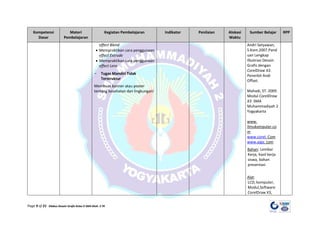 Page 9 of 21 Silabus Desain Grafis Kelas X SMA Muh. 2 YK
Kompetensi
Dasar
Materi
Pembelajaran
Kegiatan Pembelajaran Indikator Penilaian Alokasi
Waktu
Sumber Belajar RPP
effect Blend
• Mempraktikan cara penggunaan
effect Extrude
• Mempraktikan cara penggunaan
effect Lens
- Tugas Mandiri Tidak
Terstruktur
Membuat banner atau poster
tentang kesehatan dan lingkungan!
Andri Setyawan,
S.Kom.2007.Pand
uan Lengkap
Illustrasi Desain
Grafis dengan
CorelDraw X3.
Penerbit Andi
Offset.
Mahadi, ST. 2009.
Modul CorelDraw
X3. SMA
Muhammadiyah 2
Yogyakarta
www.
Ilmukomputer.co
m
www.corel. Com
www.aiga. com
Bahan: Lembar
Kerja, hasil kerja
siswa, bahan
presentasi
Alat
LCD, komputer,
Modul,Software
CorelDraw X3,
:
 