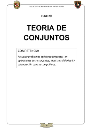 ESCUELA TECNICA SUPERIOR PNP PUENTE PIEDRA

I UNIDAD

TEORIA DE
CONJUNTOS
COMPETENCIA:
Resuelve problemas aplicando conceptos en
operaciones entre conjuntos, muestra solidaridad y
colaboración con sus compañeros.

34

 
