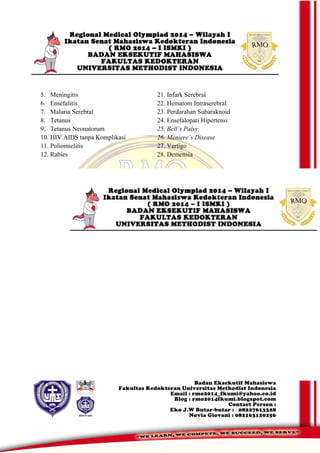 5. Meningitis
6. Ensefalitis
7. Malaria Serebral
8. Tetanus
9. Tetanus Neonatorum
10. HIV AIDS tanpa Komplikasi
11. Poliomielitis
12. Rabies
21. Infark Serebral
22. Hematom Intraserebral
23. Perdarahan Subaraknoid
24. Ensefalopati Hipertensi
25. Bell’s Palsy
26. Meniere’s Disease
27. Vertigo
28. Demensia
 