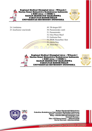 24. Limfedema
25. Insufisiensi vena kronik
49. TB dengan HIV
50. Pneumotoraks ventil
51. Pneumotoraks
52. Efusi Pleura Masif
53. Emfisema Paru
54. PPOK Eksaserbasi Akut
55. Edema Paru
56. Abses Paru
 