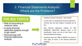 2. Financial Statements Analysis:
Where are the Problems?
 Analysis to answer if earnings = value added?
 A quick look on standardized financial statements :
common size and ratio analysis. Everybody can do
this…..
 Why financial statements analysis IS NOT
FINANCIAL ANALYSIS? Because there is NO
identification, timing, and risk of cash flows in the
financial statements analysis.
 Everybody says that TIME IS MONEY but where is
“time value of money” in the financial statements
analysis?
THE BIG TOPICS
• Role of accounting to
measure value
• Is doing financial
statement analysis enough
to get value?
• Shortcomings with
financial statements
analysis
 