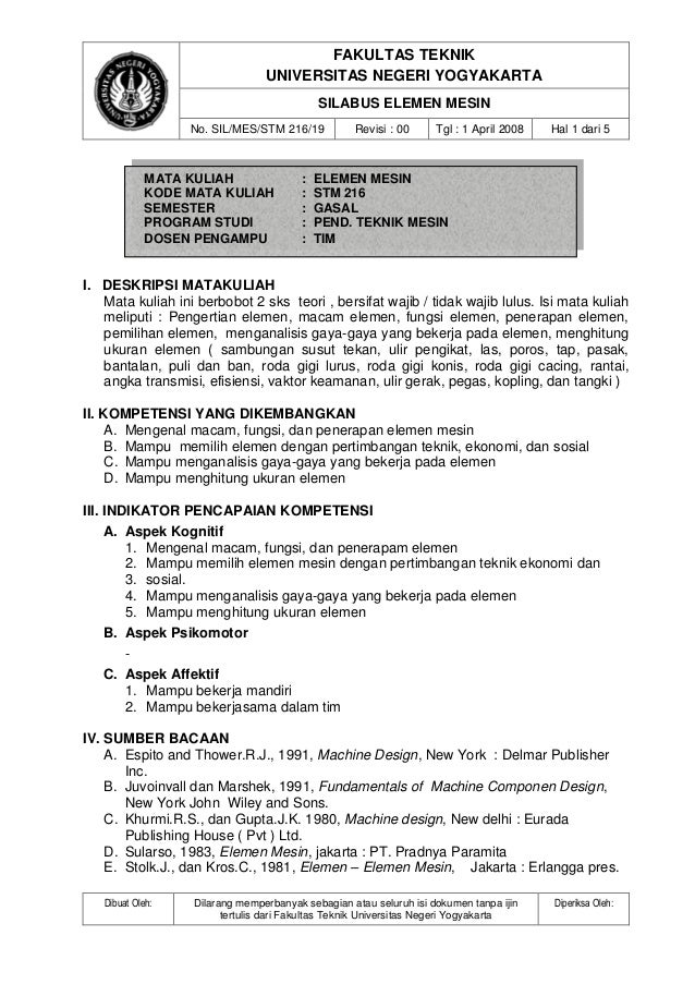 Silabus Mata Kuliah Elemen Mesin