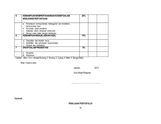 31
5 KEMAMPUANMEMPERTAHANKANKONSEPDALAM
MENJAWABPERTANYAAN
20%
a. Kemampuan berargumentasi, ketangguhan dan konsistensi,
berkomunikasi lisan
b. Keruntutan dalam penalaran
c. Ketepatan dalam menjawab pertanyaan
d. Akurasi uraian materi dengan kesimpulan
6 KEMAMPUANMENJELASKANHASIL 15%
a. Originalitas atas keaslian karya
b. Keefektifan atau pencapaian tujuan/prestasi
c. Dampak atau manfaatnya
7 SIKAPDALAM PRESENTASI 5%
a. Kerapihan
b. Kesopanan
Catatan : Skor 1-5 (1. Sangat Kurang,2. Kurang,3. Cukup,4. Baik, 5. Sangat Baik)
Nilai = bobot x skor
Jakarta, 2013
GuruMataPelajaran
...........................................................
Contoh
PENILAIAN PORTOFOLIO
 