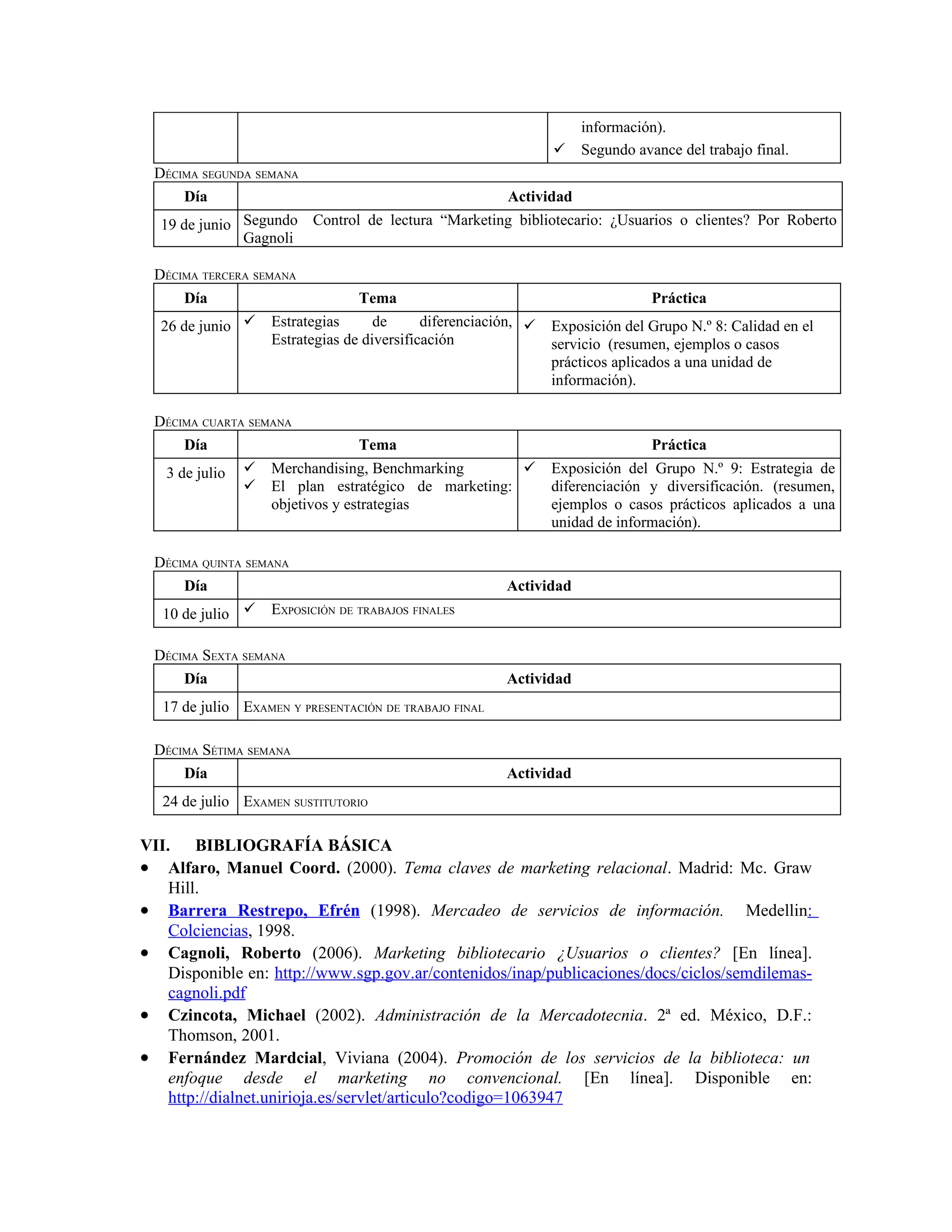 información).
                                                                    Segundo avance del trabajo final.
 DÉCIMA SEGUNDA SEMANA
     Día                                                 Actividad
  19 de junio Segundo Control de lectura “Marketing bibliotecario: ¿Usuarios o clientes? Por Roberto
              Gagnoli

 DÉCIMA TERCERA SEMANA
      Día                         Tema                                          Práctica
  26 de junio      Estrategias      de      diferenciación,    Exposición del Grupo N.º 8: Calidad en el
                    Estrategias de diversificación               servicio (resumen, ejemplos o casos
                                                                 prácticos aplicados a una unidad de
                                                                 información).

 DÉCIMA CUARTA SEMANA
     Día                          Tema                                          Práctica
   3 de julio      Merchandising, Benchmarking                 Exposición del Grupo N.º 9: Estrategia de
                   El plan estratégico de marketing:            diferenciación y diversificación. (resumen,
                    objetivos y estrategias                      ejemplos o casos prácticos aplicados a una
                                                                 unidad de información).

 DÉCIMA QUINTA SEMANA
     Día                                                 Actividad
   10 de julio     EXPOSICIÓN DE TRABAJOS FINALES

 DÉCIMA SEXTA SEMANA
     Día                                                 Actividad
   17 de julio EXAMEN Y PRESENTACIÓN DE TRABAJO FINAL

 DÉCIMA SÉTIMA SEMANA
     Día                                                 Actividad
   24 de julio EXAMEN SUSTITUTORIO

VII. BIBLIOGRAFÍA BÁSICA
• Alfaro, Manuel Coord. (2000). Tema claves de marketing relacional. Madrid: Mc. Graw
    Hill.
• Barrera Restrepo, Efrén (1998). Mercadeo de servicios de información. Medellin:
    Colciencias, 1998.
• Cagnoli, Roberto (2006). Marketing bibliotecario ¿Usuarios o clientes? [En línea].
    Disponible en: http://www.sgp.gov.ar/contenidos/inap/publicaciones/docs/ciclos/semdilemas-
    cagnoli.pdf
• Czincota, Michael (2002). Administración de la Mercadotecnia. 2ª ed. México, D.F.:
    Thomson, 2001.
• Fernández Mardcial, Viviana (2004). Promoción de los servicios de la biblioteca: un
    enfoque desde el marketing no convencional. [En línea]. Disponible en:
    http://dialnet.unirioja.es/servlet/articulo?codigo=1063947
 