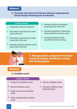 Materi
1. Dinamika Interaksi Sosial Manusia dengan Lingkungannya
dalam Konteks Pembangunan di Indonesia
Pengertian dinamika interaksi
Perubahan sosial ekonomi pada
masa orde baru
Perubahan sosial ekonomi pada
masa orde reformasi
Dampak positif perubahan sosial
pada orde reformasi
1.
2.
3.
4.
Lingkup Materi
Dampak negative perubahan
sosial pada era reformasi
Dampak globalisasi modernisasi
pada perubahan tatanan sosial
Dampak globalisasi pada
perubahan tatanan budaya
5.
6.
7.
7. Menganalisis pengaruh interaksi
sosial terhadap kehidupan sosial
dan kebangsaan
Materi
1. Mobilitas sosial
1.
2.
3.
4.
Pengertian mobilitas sosial
Bentuk Mobilitas sosial
Faktor pendorong mobilitas
sosial
Faktor penghambat mobilitas
sosial
Saluran mobilitas sosial
Dampak mobilitas sosial
Bagi kehidupan
5.
6.
Lingkup Materi
7 Silabus Olimpiade Sains Nasional Sekolah Menengah Pertama Tahun 2022
 