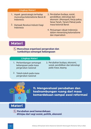 1.
2.
3.
4.
Aspek geostrategis terhadap
munculnya kolonialisme Barat di
Indonesia.
Dampak Revolusi Industri bagi
Indonesia
Perjuangan rakyat Indonesia
dalam menentang kolonialisme
dan imperialism
Perubahan budaya, sosial,
pendidikan, teknologi dan
ekonomi (Monopoli, Kerja paksa,
Sewa Tanah, Tanam Paksa) pada
masa kolonial Barat
Lingkup Materi
Materi
1. Munculnya organisasi pergerakan dan
tumbuhnya semangat kebangsaan
1.
2.
3.
Perkembangan semangat
kebangsaan pada masa
pergerakan nasional
Tokoh-tokoh pada masa
pergerakan nasional
Perubahan budaya, ekonomi,
sosial, pendidikan dan teknologi
pada masa Jepang
Lingkup Materi
11. Mengevaluasi perubahan dan
kesinambungan ruang dari masa
kemerdekaan sampai awal reformasi
Materi
1. Perubahan awal kemerdekaan
ditinjau dari segi sosial, politik, ekonomi
12 Silabus Olimpiade Sains Nasional Sekolah Menengah Pertama Tahun 2022
 