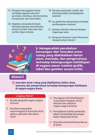 Pengaruh keunggulan lokasi
terhadap kegiatan ekonomi
(produksi, distribusi, dan konsumsi),
transportasi, dan komunikasi
Kegiatan wirausaha berbasis
teknologi dengan pemanfaatan
potensi sumber daya alam dan
sumber daya manusia
17.
18.
Peranan penduduk, modal, dan
teknologi dalam pembangunan
nasional
19.
20.
21.
22.
Isu global dan dampaknya terhadap
pembangunan nasional
Konsep interaksi manusia dengan
lingkungan alam
Pengaruh Konversi Lahan Pertanian
Menjadi Lahan Industri
2. Menganalisis perubahan
keruangan dan interaksi antar
ruang yang diakibatkan faktor
alam, manusia, dan pengaruhnya
terhadap kelangsungan kehidupan
di negara asean melalui grafik,
tabel dan gambar secara kritis
Materi
1. Interaksi antar ruang yang diakibatkan faktor alam,
manusia, dan pengaruhnya terhadap kelangsungan kehidupan
di negara-negara dunia
Kondisi geograﬁs negara-negara
di Dunia
Pluralitas masyarakat
negara-negara di dunia dari etnis,
agama, pekerjaan dan status
sosial
1.
2.
Lingkup Materi
Peningkatan kualitas penduduk
dalam menghadapi persaingan
bebas Masyarakat dunia
Dinamika penduduk benua-benua
di dunia
3.
4.
5.
Keunggulan dan keterbatasan
ruang dalam kegiatan sosial,
ekonomi dan politik di
negara-negara di dunia
3 Silabus Olimpiade Sains Nasional Sekolah Menengah Pertama Tahun 2022
 