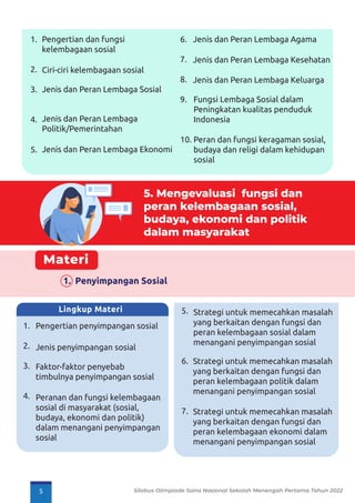 Pengertian dan fungsi
kelembagaan sosial
Ciri-ciri kelembagaan sosial
Jenis dan Peran Lembaga Sosial
Jenis dan Peran Lembaga
Politik/Pemerintahan
Jenis dan Peran Lembaga Ekonomi
1.
2.
3.
4.
5.
Jenis dan Peran Lembaga Agama
6.
7.
8.
9.
10.
Jenis dan Peran Lembaga Kesehatan
Jenis dan Peran Lembaga Keluarga
Fungsi Lembaga Sosial dalam
Peningkatan kualitas penduduk
Indonesia
Peran dan fungsi keragaman sosial,
budaya dan religi dalam kehidupan
sosial
5. Mengevaluasi fungsi dan
peran kelembagaan sosial,
budaya, ekonomi dan politik
dalam masyarakat
Materi
1. Penyimpangan Sosial
Pengertian penyimpangan sosial
Jenis penyimpangan sosial
Faktor-faktor penyebab
timbulnya penyimpangan sosial
Peranan dan fungsi kelembagaan
sosial di masyarakat (sosial,
budaya, ekonomi dan politik)
dalam menangani penyimpangan
sosial
1.
2.
3.
4.
Lingkup Materi Strategi untuk memecahkan masalah
yang berkaitan dengan fungsi dan
peran kelembagaan sosial dalam
menangani penyimpangan sosial
Strategi untuk memecahkan masalah
yang berkaitan dengan fungsi dan
peran kelembagaan politik dalam
menangani penyimpangan sosial
Strategi untuk memecahkan masalah
yang berkaitan dengan fungsi dan
peran kelembagaan ekonomi dalam
menangani penyimpangan sosial
5.
6.
7.
5 Silabus Olimpiade Sains Nasional Sekolah Menengah Pertama Tahun 2022
 