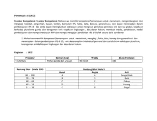 Pertemuan : 8 (UK 2)
Standar Kompetensi: Standar Kompetensi: Mahasiswa memiliki kompetensi/kemampuan untuk memahami, mengembangkan dan
mengkaji hakekat, pengertian, tujuan, konten, kurikulum IPS, fakta, data, konsep, generalisasi, dan dapat menerapkan dalam
pembelajaran IPS di SD, serta dapat meningkatkan kebiasaan untuk mengikuti peristiwa-peristiwa kini dan isu global, kepekaan
terhadap pluralisme ganda dan keragaman enik kepekaan lingkungan , kesadaran hukum, membuat media, pendekatan, model
pembelajaran dan mampu menyusun RPP dan mampu mengajar pendidikan IPS di SD/MI secara baik dan benar
2. Mahasiswa memiliki kompetensi/kemampuan untuk memahami, mengkaji , fakta, data, konsep dan generalisasi dan
menerapkan dalam pembelajaran IPS di SD, serta keterampilan intelektual personal dan sosial dalamkehidupan pluralism,
kearagaman enikkehidupan lingkungan dan kesadaran hukum.
Kegiatan : UK 2
Prosedur Bentu k Soal Waktu Skola Penilaian
Tes tertulis Pilihan ganda dan uraiaan 90 menit 100
Rentang Skor (skala 100) Rentang Nilai Skala 5
Huruf Angka Arti
80 - 100 A 4 Sangat Baik
70 - 78 B 3 Baik
60 - 69 C 2 Cukup
40 - 59 D 1 Kurang
0 - 39 E 0 Gagal
 