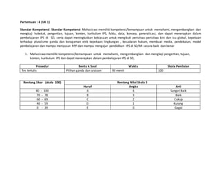 Pertemuan : 4 (UK 1)
Standar Kompetensi: Standar Kompetensi: Mahasiswa memiliki kompetensi/kemampuan untuk memahami, mengembangkan dan
mengkaji hakekat, pengertian, tujuan, konten, kurikulum IPS, fakta, data, konsep, generalisasi, dan dapat menerapkan dalam
pembelajaran IPS di SD, serta dapat meningkatkan kebiasaan untuk mengikuti peristiwa-peristiwa kini dan isu global, kepekaan
terhadap pluralisme ganda dan keragaman enik kepekaan lingkungan , kesadaran hukum, membuat media, pendekatan, model
pembelajaran dan mampu menyusun RPP dan mampu mengajar pendidikan IPS di SD/MI secara baik dan benar
1. Mahasiswa memiliki kompetensi/kemampuan untuk memahami, mengembangkan dan mengkaji pengertian, tujuan,
konten, kurikulum IPS dan dapat menerapkan dalam pembelajaran IPS di SD,
Prosedur Bentu k Soal Waktu Skola Penilaian
Tes tertulis Pilihan ganda dan uraiaan 90 menit 100
Rentang Skor (skala 100) Rentang Nilai Skala 5
Huruf Angka Arti
80 - 100 A 4 Sangat Baik
70 - 78 B 3 Baik
60 - 69 C 2 Cukup
40 - 59 D 1 Kurang
0 - 39 E 0 Gagal
 