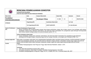 RENCANA PEMBELAJARAN SEMESTER
JURUSAN SISTEM INFORMASI
FAKULTAS ILMU KOMPUTER DAN TEKNOLOGI INFORMASI
Mata Kuliah Kode Rumpun Mata Kuliah Bobot (SKS) Semester Direvisi
Pendidikan
KEWARGANEGARAAN
PP-000207 Kecakapan Hidup K: 2 SKS P: - SKS I AGUSTUS 2018
OTORISASI
Pengembang RPS Koordinator Mata Kuliah Ka. Prodi
Tim Pengembang RPS 2018 GATOT SUBIYAKTO Dr. Setia Wirawan
Capaian Pembelajaran
(CP)
Capaian Pembelajaran Program Studi:
1. Mampu memelihara dan mengembangkan jaringan kerja dengan pembimbing, kolega, baik di dalam maupun di luar lembaga; serta mampu
beradaptasi, bekerja sama, berkreasi, berkontribusi, dan berinovasi dalam menerapkan ilmu pengetahuan pada kehidupan bermasyarakat
serta mampu berperan sebagai warga dunia yang berwawasan global; (CP-15)
Capaian Pembelajaran Mata Kuliah:
1. mampu beradaptasi, bekerja sama, berkreasi, berkontribusi, dan berinovasi dalam menerapkan ilmu pengetahuan pada kehidupan
berbangsa dan bernegara dengan menjunjung tinggi nilai luhur bangsa Indonesia, norma agama dan Pancasila (CPMK-15.2).
Deskripsi Singkat MK Mata kuliah ini merupakan mata kuliah umum pengembangan kepribadian dalam memahami tentang Indonesia, memiliki kepribadian Indonesia,
memiliki rasa kebangsaan Indonesia, dan mencintai tanah air Indonesia. Dengan demikian, diharapakan menjadi warga negara yang baik dan
terdidik (smart and good citizen) dalam kehidupan masyarakat, bangsa, negara dan warga negara yang taat pajak serta anti korupsi
Pustaka Utama:
1. Pendidikan Kewarganegaraan Untuk Perguruan Tinggi, Ditjen Belmawa Ristekdikti, cetakan I, 2016.
Pendukung:
2. UUD 1945 Hasil Amandemen Agustus 2002, Jakarta.
3. Universitas Gunadarma, Diktat Kuliah Pendidikan Pendidikan Kewarganegaraan, Edisi 2006
4. Pendidikan Kewarganegaraan di Perguruan Tinggi, Prof. Dr. H. Kaelan, M.S. Drs. H. Achmad Zubaidi, MSi, 2007
 