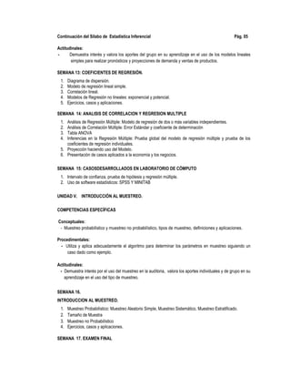 Continuación del Sílabo de Estadística Inferencial Pág. 05
Actitudinales:
- Demuestra interés y valora los aportes del grupo en su aprendizaje en el uso de los modelos lineales
simples para realizar pronósticos y proyecciones de demanda y ventas de productos.
SEMANA 13: COEFICIENTES DE REGRESIÓN.
1. Diagrama de dispersión.
2. Modelo de regresión lineal simple.
3. Correlación lineal.
4. Modelos de Regresión no lineales: exponencial y potencial.
5. Ejercicios, casos y aplicaciones.
SEMANA 14: ANALISIS DE CORRELACION Y REGRESION MULTIPLE
1. Análisis de Regresión Múltiple: Modelo de regresión de dos o más variables independientes.
2. Análisis de Correlación Múltiple: Error Estándar y coeficiente de determinación
3. Tabla ANOVA
4. Inferencias en la Regresión Múltiple: Prueba global del modelo de regresión múltiple y prueba de los
coeficientes de regresión individuales.
5. Proyección haciendo uso del Modelo.
6. Presentación de casos aplicados a la economía y los negocios.
SEMANA 15: CASOSDESARROLLADOS EN LABORATORIO DE CÓMPUTO
1. Intervalo de confianza, prueba de hipótesis y regresión múltiple.
2. Uso de software estadísticos: SPSS Y MINITAB
UNIDAD V. INTRODUCCIÓN AL MUESTREO.
COMPETENCIAS ESPECÍFICAS
Conceptuales:
- Muestreo probabilístico y muestreo no probabilístico, tipos de muestreo, definiciones y aplicaciones.
Procedimentales:
- Utiliza y aplica adecuadamente el algoritmo para determinar los parámetros en muestreo siguiendo un
caso dado como ejemplo.
Actitudinales:
- Demuestra interés por el uso del muestreo en la auditoria, valora los aportes individuales y de grupo en su
aprendizaje en el uso del tipo de muestreo.
SEMANA 16.
INTRODUCCION AL MUESTREO.
1. Muestreo Probabilístico: Muestreo Aleatorio Simple, Muestreo Sistemático, Muestreo Estratificado.
2. Tamaño de Muestra
3. Muestreo no Probabilístico
4. Ejercicios, casos y aplicaciones.
SEMANA 17. EXAMEN FINAL
 