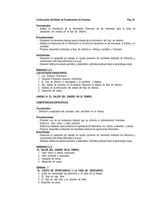 Continuación del Sílabo de Fundamentos de Finanzas Pág. 03
Conceptuales:
- Analiza la importancia de la información financiera de las empresas para la toma de
decisiones con énfasis en el flujo de efectivo.
Procedimentales:
- Establecer los elementos básicos para el manejo de la información del flujo de efectivo.
- Analizar la implicancia de la información en la toma de decisiones en las empresas, el Estado y la
sociedad.
- Propone, desarrolla e interpreta el flujo de efectivo su enfoque contable y financiero.
Actitudinales:
- Desarrolla la capacidad de trabajar en equipo poniendo de manifiesto actitudes de tolerancia y
comprensión ante ideas diferentes a la suya.
- Adquiere hábitos de estudio periódico y sistemático: actitudes positivas hacia el aprendizaje propio.
SEMANAS 3 y 4.
LOS ESTADOS FINANCIEROS.
1. Los Estados Financieros.
2. Situación Financiera, situación económica.
3. El flujo de efectivo lo devengado y lo percibido y pagado.
4. Del estado de cambios en la situación financiera al estado de flujo de efectivo.
5. Análisis de la información del estado de flujo de efectivo.
6. Desarrollo de casos.
UNIDAD III. EL VALOR DEL DINERO EN EL TIEMPO
COMPETENCIAS ESPECÍFICAS.
Conceptuales:
- Definición y explicación del concepto valor del dinero en el tiempo.
Procedimentales:
- Entender uno de los problemas básicos que se enfrenta la administración financiera.
- Explica el valor futuro y valor presente.
Determina mediante casos prácticos la importancia de determinar los valores presentes y fututos.
- Propone, desarrolla e interpreta, los resultados producto de operaciones financieras.
Actitudinales:
- Desarrolla la capacidad de trabajar en equipo poniendo de manifiesto actitudes de tolerancia y
comprensión ante ideas diferentes a la suya.
- Adquiere hábitos de estudio periódico y sistemático: actitudes positivas hacia el aprendizaje propio.
SEMANAS 5 y 6.
EL VALOR DEL DINERO EN EL TIEMPO.
1. Valor futuro e interés compuesto.
2. Valor presente y descuento.
3. Valuación de bonos.
4. Desarrollo de casos.
SEMANA 7
EL COSTO DE OPORTUNIDAD Y LA TASA DE DESCUENTO
1. Costo de oportunidad del patrimonio y el costo de la deuda.
2. El flujo de caja libre.
3. El flujo de caja libre y la creación de valor.
4. Desarrollo de casos
 