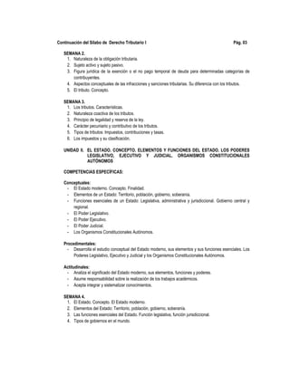 Continuación del Sílabo de Derecho Tributario I Pág. 03
SEMANA 2.
1. Naturaleza de la obligación tributaria.
2. Sujeto activo y sujeto pasivo.
3. Figura jurídica de la exención o el no pago temporal de deuda para determinadas categorías de
contribuyentes.
4. Aspectos conceptuales de las infracciones y sanciones tributarias. Su diferencia con los tributos.
5. El tributo. Concepto.
SEMANA 3.
1. Los tributos. Características.
2. Naturaleza coactiva de los tributos.
3. Principio de legalidad y reserva de la ley.
4. Carácter pecuniario y contributivo de los tributos.
5. Tipos de tributos: Impuestos, contribuciones y tasas.
6. Los impuestos y su clasificación.
UNIDAD II. EL ESTADO. CONCEPTO. ELEMENTOS Y FUNCIONES DEL ESTADO. LOS PODERES
LEGISLATIVO, EJECUTIVO Y JUDICIAL. ORGANISMOS CONSTITUCIONALES
AUTÓNOMOS
COMPETENCIAS ESPECÍFICAS:
Conceptuales:
- El Estado moderno. Concepto. Finalidad.
- Elementos de un Estado: Territorio, población, gobierno, soberanía.
- Funciones esenciales de un Estado: Legislativa, administrativa y jurisdiccional. Gobierno central y
regional.
- El Poder Legislativo.
- El Poder Ejecutivo.
- El Poder Judicial.
- Los Organismos Constitucionales Autónomos.
Procedimentales:
- Desarrolla el estudio conceptual del Estado moderno, sus elementos y sus funciones esenciales. Los
Poderes Legislativo, Ejecutivo y Judicial y los Organismos Constitucionales Autónomos.
Actitudinales:
- Analiza el significado del Estado moderno, sus elementos, funciones y poderes.
- Asume responsabilidad sobre la realización de los trabajos académicos.
- Acepta integrar y sistematizar conocimientos.
SEMANA 4.
1. El Estado. Concepto. El Estado moderno.
2. Elementos del Estado: Territorio, población, gobierno, soberanía.
3. Las funciones esenciales del Estado. Función legislativa, función jurisdiccional.
4. Tipos de gobiernos en el mundo.
 