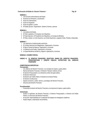 Continuación del Sílabo de Derecho Tributario I Pág. 04
SEMANA 5.
1. Las funciones administrativas del Estado.
2. Acciones de orientación y coordinación.
3. Acción de ordenamiento.
4. Acción de regulación.
5. Acción de gestión y control.
6. El Estado peruano. Organización. Gobierno Central y nacional.
SEMANA 6.
1. Los poderes del Estado.
2. El Poder Legislativo. El Congreso de la República.
3. El Poder Ejecutivo. El Presidente de la República y el Consejo de Ministros.
4. El Poder Judicial. La Corte Suprema. Las Cortes Superiores. Juzgados Civiles, Penales y Especiales.
SEMANA 7.
1. Los organismos constitucionales autónomos.
2. El Consejo Nacional de la Magistratura. Organización y funciones.
3. El Banco Central de Reserva: Organización y funciones.
4. La Defensoría del Pueblo: Organización y funciones.
5. La Superintendencia de Banca y Seguros: organización y funciones.
SEMANA 8. EXAMEN PARCIAL
UNIDAD III. EL DERECHO FINANCIERO: OBJETIVOS. RAMAS DEL DERECHO FINANCIERO:
PRESUPUESTARIO Y CRÉDITO PÚBLICO. ESTRUCTURA DEL DERECHO
FINANCIERO
COMPETENCIAS ESPECÍFICAS:
Conceptuales:
- Los objetivos del Derecho Financiero: Los conceptos de ingreso y gasto público.
- Ramas del Derecho Financiero: El Derecho Tributario material y formal.
- El derecho Presupuestario y la ordenación jurídica del gasto público.
- El Derecho Patrimonial.
- El Derecho del Crédito Público: El Estudio de la Deuda Pública.
- El Derecho Constitucional.
- Aspecto económico, político, técnico y sociológico del Derecho Financiero.
- Estructura del Derecho Financiero.
Procedimentales:
- Comprende el estudio del Derecho Financiero y los alcances de ingreso y gasto público.
Actitudinales:
- Analiza el significado del Derecho Financiero, el Derecho Presupuestario, el Derecho del Crédito
Público y la estructura del Derecho Financiero.
- Se asumen responsabilidad por la realización de trabajos de investigación académica.
- Acepta integrar y sistematizar conocimientos.
 