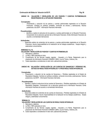 Continuación del Sílabo de Valuación de EE.FF. Pág. 06
UNIDAD VII. VALUACIÓN Y REVELACIÓN DE LOS PASIVOS Y CUENTAS PATRIMONIALES
REGISTRADOS EN LA SITUACIÓN FINANCIERA
Conceptuales:
- Presentación y valuación de los pasivos y cuentas patrimoniales registrados en la Situación
Financiera. Cambios en políticas contables, corrección de errores y estimaciones. Hechos
posteriores a los EEFF. Información financiera intermedia.
Procedimentales:
- Identifica y explica la estructura de los pasivos y cuentas patrimoniales en la Situación Financiera.
Comprensión de la estructura general de la información financiera. Emite información financiera de
acuerdo a normatividad internacional.
Actitudinales:
- Desarrolla análisis de contenidos de los pasivos y cuentas patrimoniales registrados en la Situación
Financiera. Asume responsabilidad en la realización de los trabajos académicos. Acepta integrar y
sistematizar conocimientos.
SEMANAS 14 y 15.
VALUACIÓN Y REVELACIÓN DE PASIVOS Y CUENTAS PATRIMONIALES
1. Naturaleza y objetivos.
2. La NICs / NIIFs aplicados al rubro.
3. Cumplimiento de las Normas Legales vigentes - Impuesto a la Renta, Reglamento para la
preparación de información financiera CONASEV (SMV), Ley de Títulos y Valores y etc.
4. Casos especiales a considerarse en este rubro; aplicaciones prácticas.
UNIDAD VIII. VALUACIÓN Y REVELACIÓN DE LAS CUENTAS DE GANANCIAS Y PÉRDIDAS DEL
ESTADO DE RESULTADOS INTEGRALES Y OTROS RESULTADOS INTEGRALES.
Conceptuales:
- Presentación y valuación de las cuentas de Ganancias y Pérdidas registradas en el Estado de
Resultados Integrales. Cambios en políticas contables, corrección de errores y estimaciones. Hechos
posteriores a los EEFF. Información financiera intermedia.
Procedimentales:
- Identifica y explica la estructura de las cuentas de Ganancias y Pérdidas registradas en el Estado de
Resultados Integrales. Comprensión de la estructura general de la información financiera. Emite
información financiera de acuerdo a normatividad internacional.
Actitudinales:
- Desarrolla análisis de contenidos de las cuentas de Ganancias y Pérdidas registradas en el Estado de
Resultados Integrales. Asume responsabilidad en la realización de los trabajos académicos. Acepta
integrar y sistematizar conocimientos
SEMANA 16.
VALUACIÓN Y REVELACIÓN DE LAS CUENTAS DE RESULTADOS INTEGRALES
1. Naturaleza y objetivos.
2. La NICs / NIIFs aplicados al rubro.
3. Cumplimiento de las Normas Legales vigentes - Impuesto a la Renta, Reglamento para la
preparación de información financiera CONASEV (SMV), Ley de Títulos y Valores y etc.
4. Casos especiales a considerarse en este rubro; aplicaciones prácticas.
 