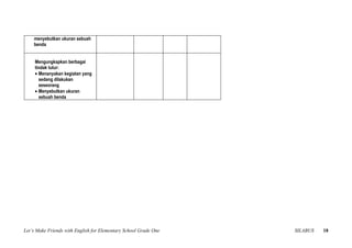 menyebutkan ukuran sebuah
    benda


     Mengungkapkan berbagai
     tindak tutur:
     • Menanyakan kegiatan yang
       sedang dilakukan
       seseorang
     • Menyebutkan ukuran
       sebuah benda




Let’s Make Friends with English for Elementary School Grade One   SILABUS   18
 