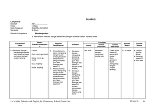 SILABUS
Lampiran 5
Sekolah                   : SD ____________
Kelas                     : I (Satu)
Mata Pelajaran            : BAHASA INGGRIS
Semester                  : 2 (Dua)
Standar Kompetensi           : Mendengarkan
                          5. Memahami instruksi sangat sederhana dengan tindakan dalam konteks kelas


                                Materi                                                                         Penilaian
      Kompetensi                                        Kegiatan                                                                             Alokasi        Sumber
                           Pokok/Pembelajara                                  Indikator                        Bentuk         Contoh
        Dasar                                         Pembelajaran                              Teknik                                       Waktu          Belajar
                                   n                                                                         Instrumen      Instrumen

5.1 Merespon dengan       Contoh:                1.   Siswa bersama-      •   Merespon        Tes lisan   Merespon         Listen to the   2 x 35 menit   • Gambar-
    mengulang kosakata                                sama mengulang          dengan                      dengan           names of                         gambar
    baru dalam berbagai   Guru: merry-go-round        dengan suara            mengulang                   mengulang        games and                        terkait
    permainan dengan                                  lantang kosakata-       apa yang                    secara lisan     repeat.                        • Rekaman
    ucapan lantang        Siswa: merry-go-            kosakata baru           diucapkan                                    Guru:                             kaset/CD
                          round                       yang diucapkan          guru atau                                    jackstone                      • Buku teks
                                                      guru atau               didengar dari                                Murid:
                          Guru: leapfrog              didengar dari           kaset/CD                                     (mengulang
                                                      kaset/CD                dengan suara                                 dengan
                          Siswa: leapfrog                                                                                  ucapan
                                                 2.   Masing-masing           lantang
                                                                                                                           lantang)
                                                      siswa mengulang     •   Merespon
                                                      dengan suara            dengan
                                                      lantang kosakata-       mengulang
                                                      kosakata baru           apa yang
                                                      yang diucapkan          diucapkan
                                                      guru atau               guru atau
                                                      didengar dari           didengar dari
                                                      kaset/CD                kaset/CD
                                                                              dengan
                                                                              pengucapan
                                                                              bahasa
                                                                              Inggris yang
                                                                              benar



Let’s Make Friends with English for Elementary School Grade One                                                                                      SILABUS            8
 