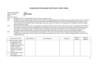 SILABUS MATA PELAJARAN: SENI BUDAYA (SENI MUSIK)
Satuan Pendidikan
: SMA
Mata Pelajaran
: SENI MUSIK
Kelas
: XI
Kompetensi Inti
:
KI 1
: Menghayati dan mengamalkan ajaran agama yang dianutnya
KI 2
: Menghayati dan mengamalkan perilaku jujur, disiplin, tanggungjawab, peduli (gotong royong, kerjasama, toleran, damai),
santun, responsif dan pro-aktif dan menunjukkan sikap sebagai bagian dari solusi atas berbagai permasalahan dalam
berinteraksi secara efektif dengan lingkungan sosial dan alam serta dalam menempatkan diri sebagai cerminan bangsa
dalam pergaulan dunia
KI 3
: Memahami, menerapkan, dan menganalisis pengetahuan faktual, konseptual, prosedural, dan metakognitif berdasarkan
rasa ingin tahunya tentang ilmu pengetahuan, teknologi, seni, budaya, dan humaniora dengan wawasan kemanusiaan,
kebangsaan, kenegaraan, dan peradaban terkait penyebab fenomena dan kejadian, serta menerapkan pengetahuan
prosedural pada bidang kajian yang spesifik sesuai dengan bakat dan minatnya untuk memecahkan masalah
KI 4
: Mengolah, menalar, dan menyaji dalam ranah konkret dan ranah abstrak terkait dengan pengembangan dari yang
dipelajarinya di sekolah secara mandiri, bertindak secara efektif dan kreatif, serta mampu menggunakan metoda sesuai
kaidah keilmuan
Kompetensi Dasar

Materi Pokok

Pembelajaran

Penilaian

Alokasi
Waktu

Sumber
Belajar

1.1.Menunjukkan sikap
penghayatan dan
pengamalan serta
bangga terhadap seni
musik sebagai
bentuk rasa syukur
terhadap anugerah
Tuhan
2.1. Menunjukkan sikap
kerjasama,
bertanggung jawab,
38

 