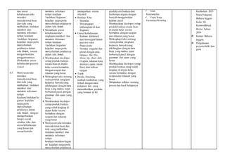 dan unsur
kebahasaan teks
interaksi
transaksional lisan
dan tulis yang
melibatkan tindakan
memberi dan
meminta informasi
terkait keadaan
/tindakan/ kegiatan/
kejadian tanpa perlu
menyebutkan
pelakunya dalam
teks ilmiah, sesuai
dengan konteks
penggunaannya.
(Perhatikan unsur
kebahasaan passive
voice)
4.5. Menyusun teks
interaksi
transaksional lisan
dan tulis yang
melibatkan tindakan
memberi dan
meminta informasi
terkait
keadaan/tindakan/ke
giatan/ kejadian
tanpa perlu
menyebutkan
pelakunya dalam
teks ilmiah, dengan
memperhatikan
fungsi sosial,
struktur teks, dan
unsurkebahasaan
yang benar dan
sesuaikonteks
meminta informasi
terkait keadaan
/tindakan/ kegiatan/
kejadian tanpa perlu
menyebutkan pelakunya
dalam teks ilmiah
 Memahami unsur
kebahasaan dari
ungkapan memberi dan
meminta informasi
terkait keadaan
/tindakan/ kegiatan/
kejadian tanpa perlu
menyebutkan pelakunya
dalam teks ilmiah
 Membacakan deskripsi
setiap produk budaya
secara lisan di depan
kelas secara bermakna
dengan ucapan dan
tekanan yang benar
 Melengkapi teks tentang
suatu produk yang kata
kerjanya banyak yang
dihilangkan dengan kata
kerja yang makna tepat
berbentuk pasif, dengan
grammar dan ejaan yang
benar
 Membacakan deskripsi
setiap produk budaya
yang sudah lengkap di
depan kelas secara
bermakna dengan
ucapan dan tekanan
yang benar
 Menyusun teks interaksi
transaksional lisan dan
tulis yang melibatkan
tindakan memberi dan
meminta informasi
terkait
keadaan/tindakan/kegiat
an/ kejadian tanpa perlu
menyebutkan pelakunya
memaparkan secara
obyektif
 Struktur Teks
- Memulai
- Menanggapi
(diharapkan/di luar
dugaan)
 Unsur Kebahasaan
- Kalimat deklaratif
dan interogatif dalam
passive voice
- Preposisiby
- Nomina singular dan
plural dengan atau
tanpa a, the, this,
those, my, their, dsb.
- Ucapan, tekanan kata,
intonasi, ejaan, tanda
baca, dan tulisan
tangan
 Topik
 Benda, binatang,
tumbuh-tumbuhan, yang
terkait dengan mata
pelajaran lain yang
menumbuhkan perilaku
yang termuat di KI
produk seni budaya dari
beeberapa negara dengan
banyak menggunakan
kalimat pasif
- Membacakan deskripsi setiap
produk budaya secara lisan
di depan kelas secara
bermakna dengan ucapan
dan tekanan yang benar
- Melengkapi teks tentang
suatu produk yang kata
kerjanya banyak yang
dihilangkan dengan kata
kerja yang makna tepat
berbentuk pasif, dengan
grammar dan ejaan yang
benar
- Membacakan deskripsi setiap
produk budaya yang sudah
lengkap di depan kelas
secara bermakna dengan
ucapan dan tekanan yang
benar
- Melakukan refleksi tentang
proses dan hasil belajarnya
 Lisan
- Keterampilan
 Unjuk Kerja
- Persentase/Monolog
Kurikulum 2013
Mata Pelajaran
Bahasa Inggris
Kelas XI,
Kemendikbud,
Revisi Tahun
2016
 Kamus Bahasa
Inggris
 Pengalaman
peserta didik dan
guru
 