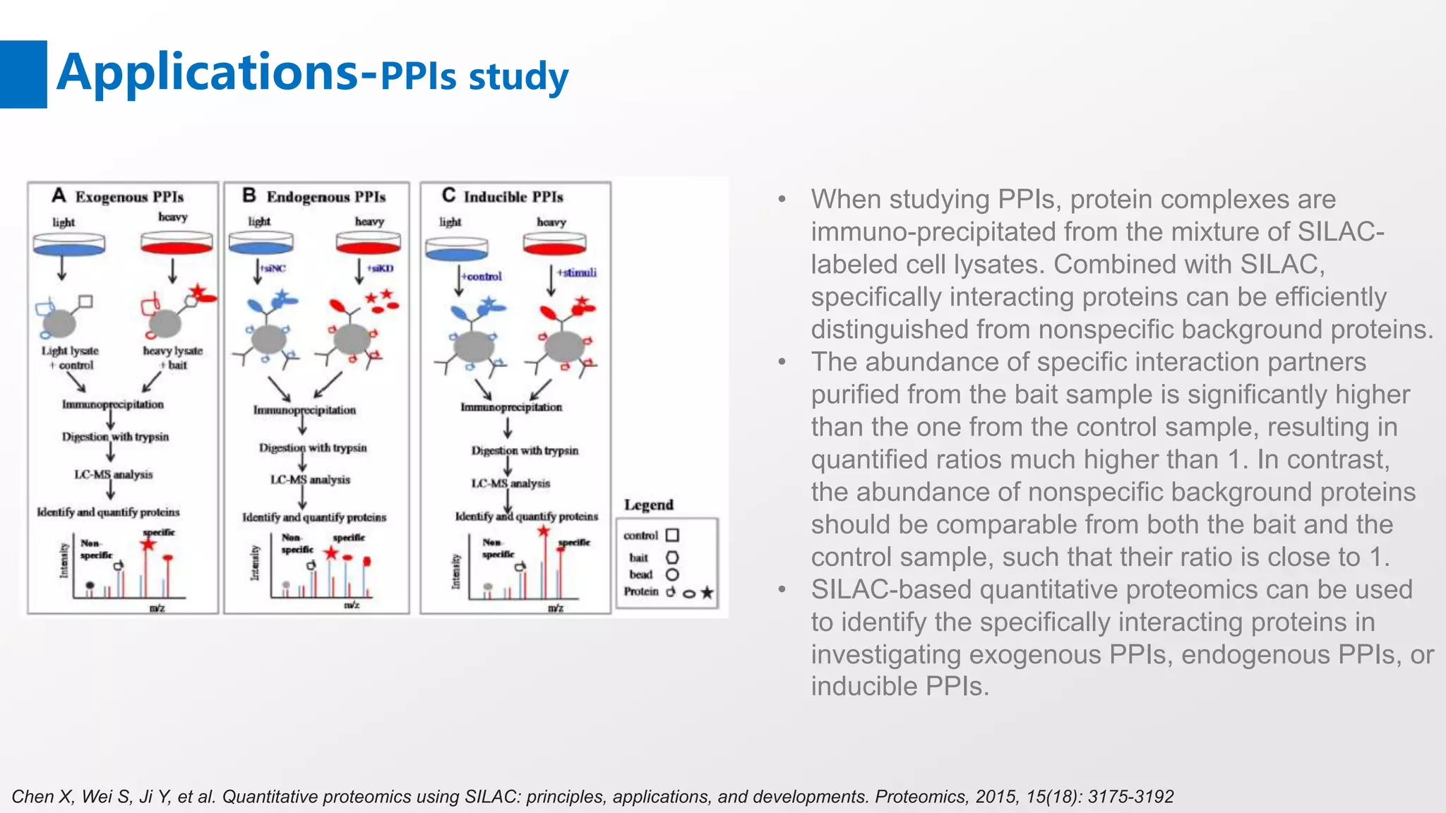 Applications-PPIs study
• When studying PPIs, protein complexes are
immuno-precipitated from the mixture of SILAC-
labeled cell lysates. Combined with SILAC,
specifically interacting proteins can be efficiently
distinguished from nonspecific background proteins.
• The abundance of specific interaction partners
purified from the bait sample is significantly higher
than the one from the control sample, resulting in
quantified ratios much higher than 1. In contrast,
the abundance of nonspecific background proteins
should be comparable from both the bait and the
control sample, such that their ratio is close to 1.
• SILAC-based quantitative proteomics can be used
to identify the specifically interacting proteins in
investigating exogenous PPIs, endogenous PPIs, or
inducible PPIs.
Chen X, Wei S, Ji Y, et al. Quantitative proteomics using SILAC: principles, applications, and developments. Proteomics, 2015, 15(18): 3175-3192
 