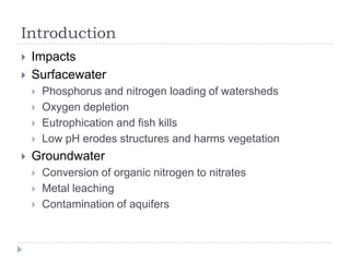 Introduction
   Impacts
   Surfacewater
       Phosphorus and nitrogen loading of watersheds
       Oxygen depletion
       Eutrophication and fish kills
       Low pH erodes structures and harms vegetation
   Groundwater
       Conversion of organic nitrogen to nitrates
       Metal leaching
       Contamination of aquifers
 