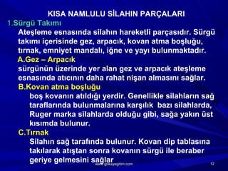 KISA NAMLULU SİLAHIN PARÇALARI
1.Sürgü Takımı
Ateşleme esnasında silahın hareketli parçasıdır. Sürgü
takımı içerisinde gez, arpacık, kovan atma boşluğu,
tırnak, emniyet mandalı, iğne ve yayı bulunmaktadır.
A.Gez – Arpacık
sürgünün üzerinde yer alan gez ve arpacık ateşleme
esnasında atıcının daha rahat nişan almasını sağlar.
B.Kovan atma boşluğu
boş kovanın atıldığı yerdir. Genellikle silahların sağ
taraflarında bulunmalarına karşılık bazı silahlarda,
Ruger marka silahlarda olduğu gibi, sağa yakın üst
kısımda bulunur.
C.Tırnak
Silahın sağ tarafında bulunur. Kovan dip tablasına
takılarak atıştan sonra kovanın sürgü ile beraber
geriye gelmesini sağlar 1212www.gokayegitim.comwww.gokayegitim.com
 