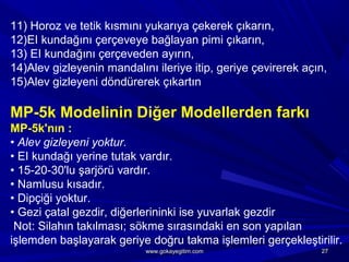 11) Horoz ve tetik kısmını yukarıya çekerek çıkarın,
12)EI kundağını çerçeveye bağlayan pimi çıkarın,
13) EI kundağını çerçeveden ayırın,
14)Alev gizleyenin mandalını ileriye itip, geriye çevirerek açın,
15)Alev gizleyeni döndürerek çıkartın
MP-5k Modelinin Diğer Modellerden farkı
MP-5k'nın :
• Alev gizleyeni yoktur.
• EI kundağı yerine tutak vardır.
• 15-20-30'lu şarjörü vardır.
• Namlusu kısadır.
• Dipçiği yoktur.
• Gezi çatal gezdir, diğerlerininki ise yuvarlak gezdir
Not: Silahın takılması; sökme sırasındaki en son yapılan
işlemden başlayarak geriye doğru takma işlemleri gerçekleştirilir.
2727www.gokayegitim.comwww.gokayegitim.com
 